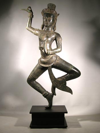 Antique 19th Century Cambodian Bronze Apsara Dancer Custom Display Stand (front)