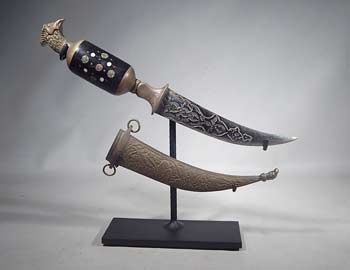 Antique Middle-Eastern Blade Dagger with Sheath Custom Display Stand (right).