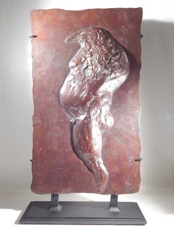 Bronze Relief Sculpture Birdman American artist Leonard Baskin Custom Display (front).