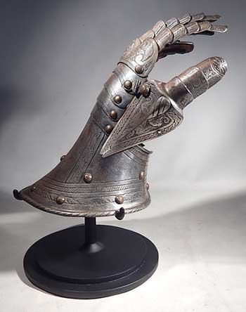 Medieval Gauntlet Armor Glove 15th - 16th Century Custom Display Stand (front).