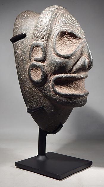 Pre-Columbian Taino Indian Anthropomorphic (skull form) CarveStoneThree-pointer Custom Display Stand. (front)
