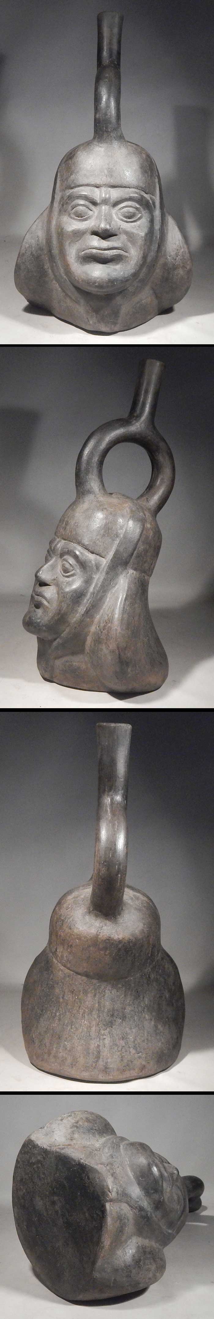 Pre-Columbian Peru Moche Blackware Portrait Stirrup Vessel