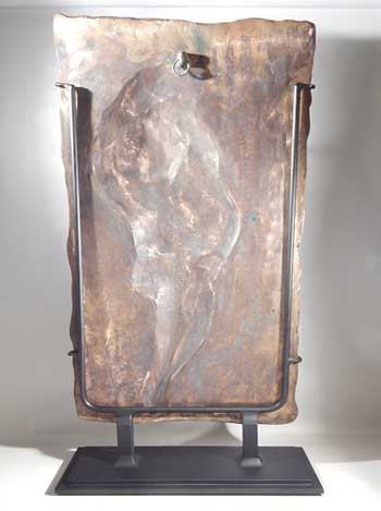 Bronze Relief Sculpture Birdman American artist Leonard Baskin Custom Display (back).