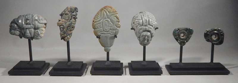Ancient Pre-Columbian Maya Mayan Jade Green-stone Plaques Pendants Ear-Flares Spools Custom Display Stands