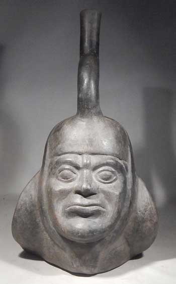 Pre-Columbian Peru Moche Blackware Portrait Stirrup Vessel