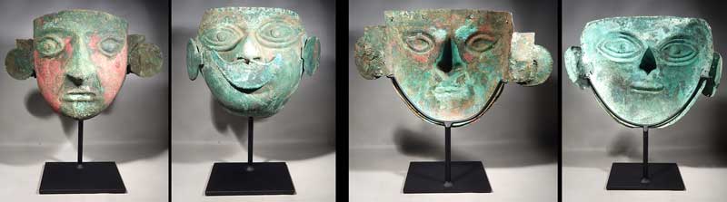 Ancient Pre-Columbian Peruvian Moche Copper Masks Custom Display Stand.