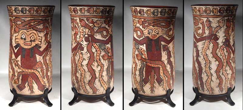 Pre-Columbian Peru Nazca Kero Cylinder Beaker Snake God Deity Vessel Custom Display Stand