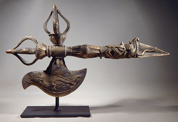 Antique Tibetan Bronze Dorje - Phurpa (ceremonial axe) Custom Display Stand (front)