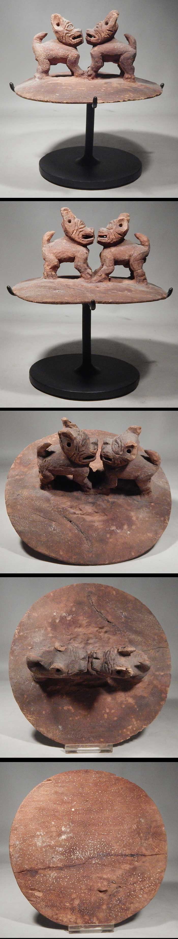 Pre-Columbian Chancay Wooden Carved Wood Dogs Lid Vessel Cover Peruvian Peru