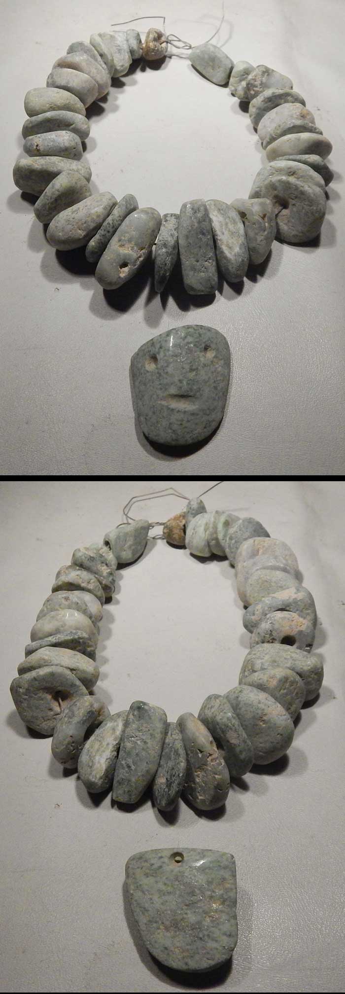 Pre-Columbian Mezcala Green Stone Beads Face Pendant Mask Necklace