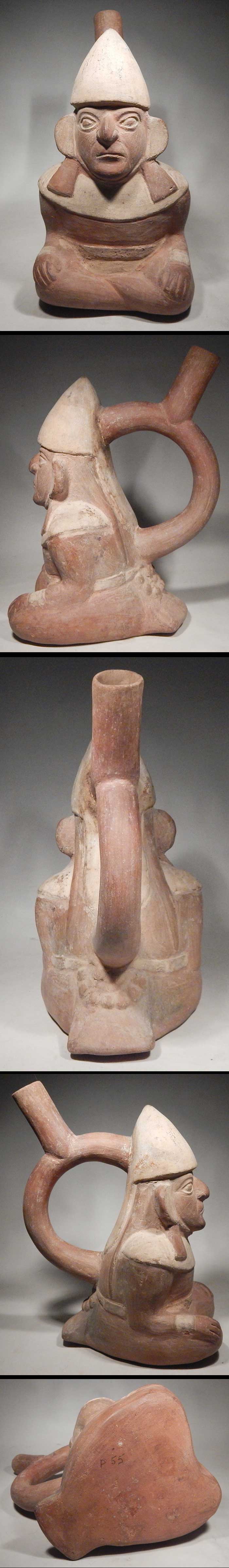 Pre-Columbian Moche IV Seated Lord Dignitary Pottery Stirrup Vessel Peruvian Peru