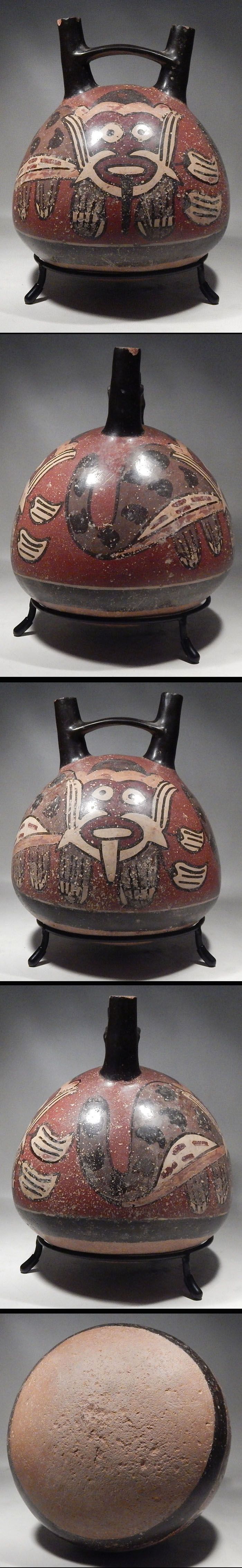 Pre-Columbian Nazca Masked Feline Stirrup Vessel
